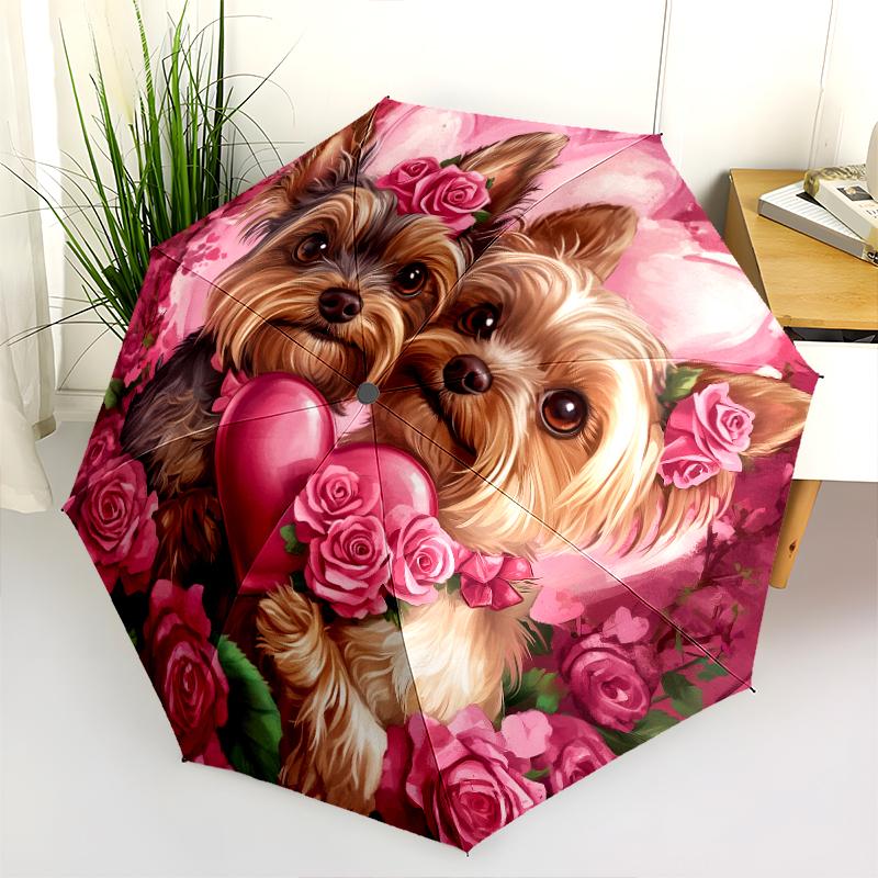 Yorkshire Terrier and Heart pattern, automatic folding umbrella, portable and foldable design, 8 ribs, a Christmas or birthday gift.