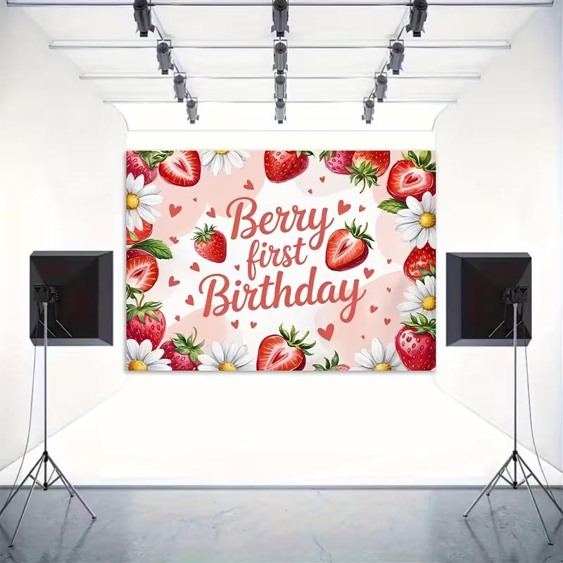 2D Pink Strawberry Themed Backdrop Sweet One First Birthday Celebration Photo Background