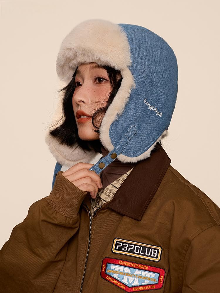 Clakllie Flight Pilot Cold Weather Hat with Ear Perfect for Outdoor Fall and and Hiking Cap, Cap, Denim, Flaps, Embroidered, Warm, Fluffy, Activities,