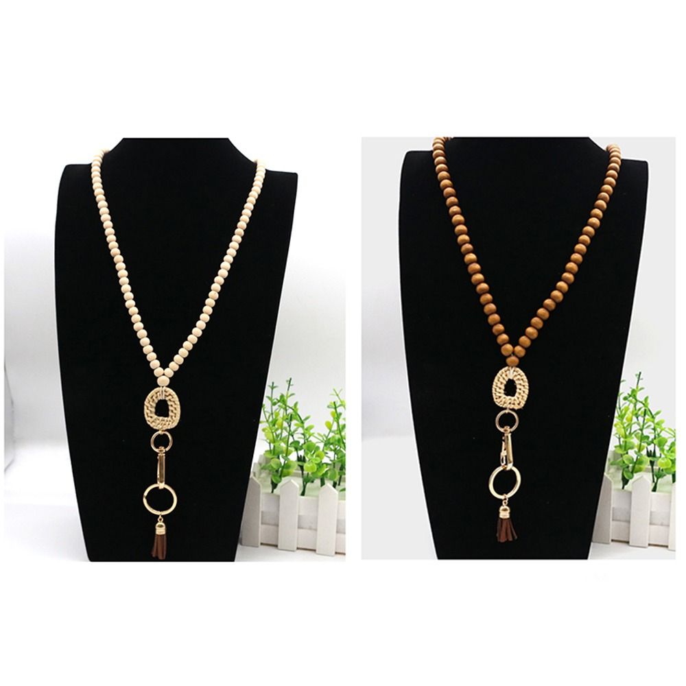 Charm Gift ID Badge Necklace Long Key Chains Accessory Beaded Lanyard Rattan Wood Bead Lanyard