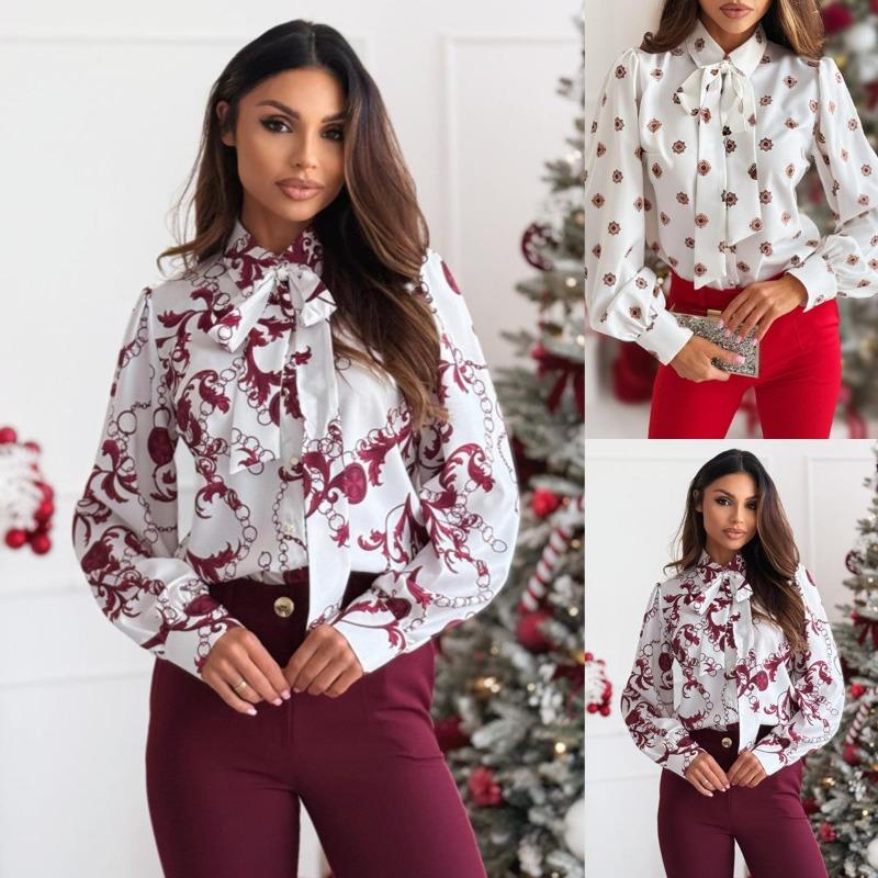 Camisa de manga larga con lazo y estampado sencillo de primavera para mujer