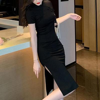 Retro New Chinese Style Modified Cheongsam Women's Spring and Summer Black Slit Hip Skirt Chinese Style Tassel Buttoned Dress