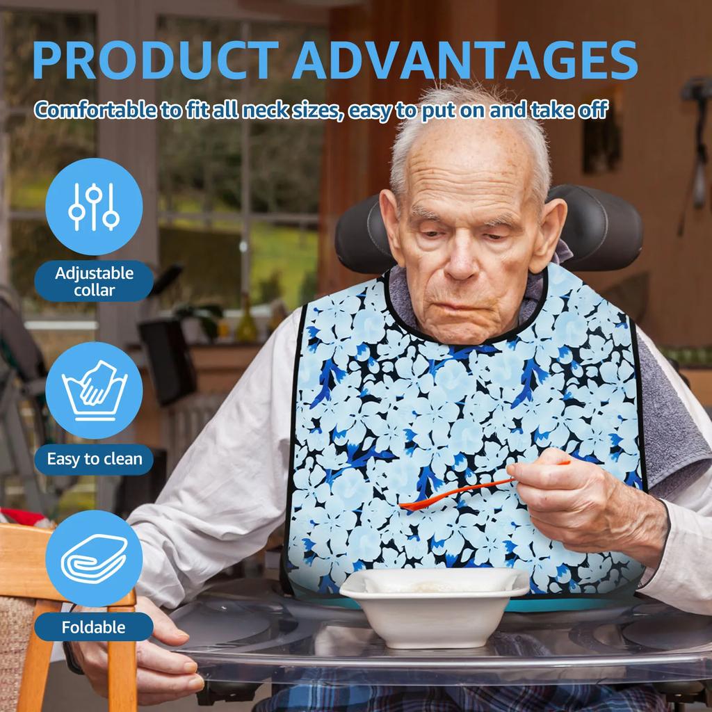 3 Pcs Adult Bib Polyester Waterproof Clothing Protector with Crumb Catcher Exquisite Floral Design Washable Elderly Eating Bib