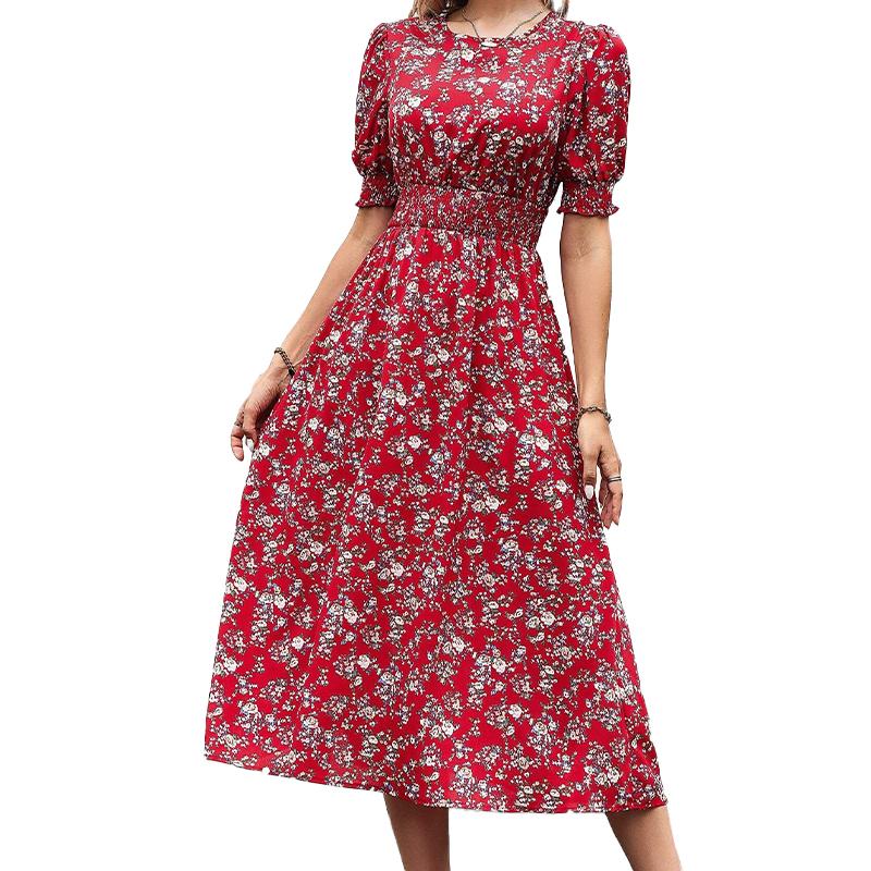 

1 шт. Макси-юбка на талии Летнее женское длинное платье с пышными рукавами Эластичный шифоновый топ с цветочным принтом Круглый вырез XL красный