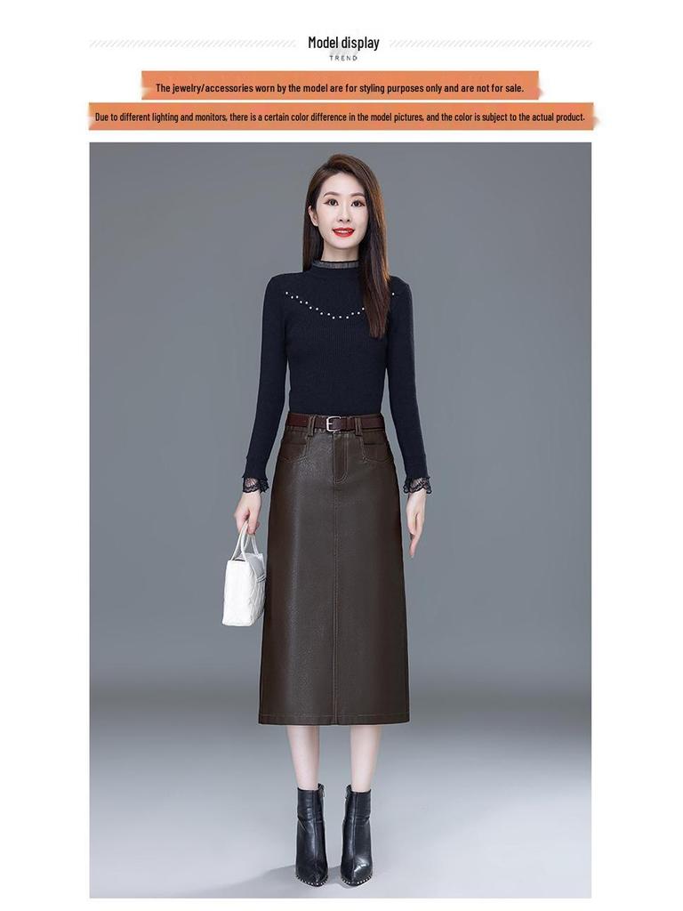 2025 Autumn/Winter Women's High-Waist A-Line Leather Skirt - Genuine Sheepskin Bodycon