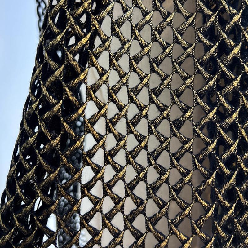 Metallic Interwoven Mesh Knitted Fabric Gray Gold 3D Textured Material for Fashion Designer Blouse Sweater Shawl Clothing Sewing
