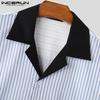 INCERUN Men Summer Oversized Short Sleeve Patchwork Striped Buttons Casual Shirts Tops