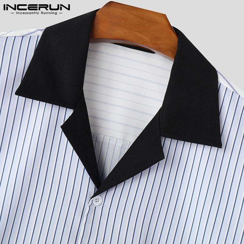INCERUN Men Summer Oversized Short Sleeve Patchwork Striped Buttons Casual Shirts Tops