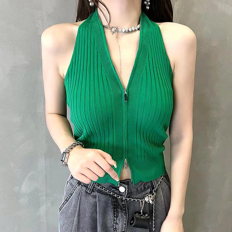 

Корейская версия тонкого и универсального жилета на подтяжках для женщин, летний новый трикотажный топ с открытой спиной и застежкой-молнией на шею One size