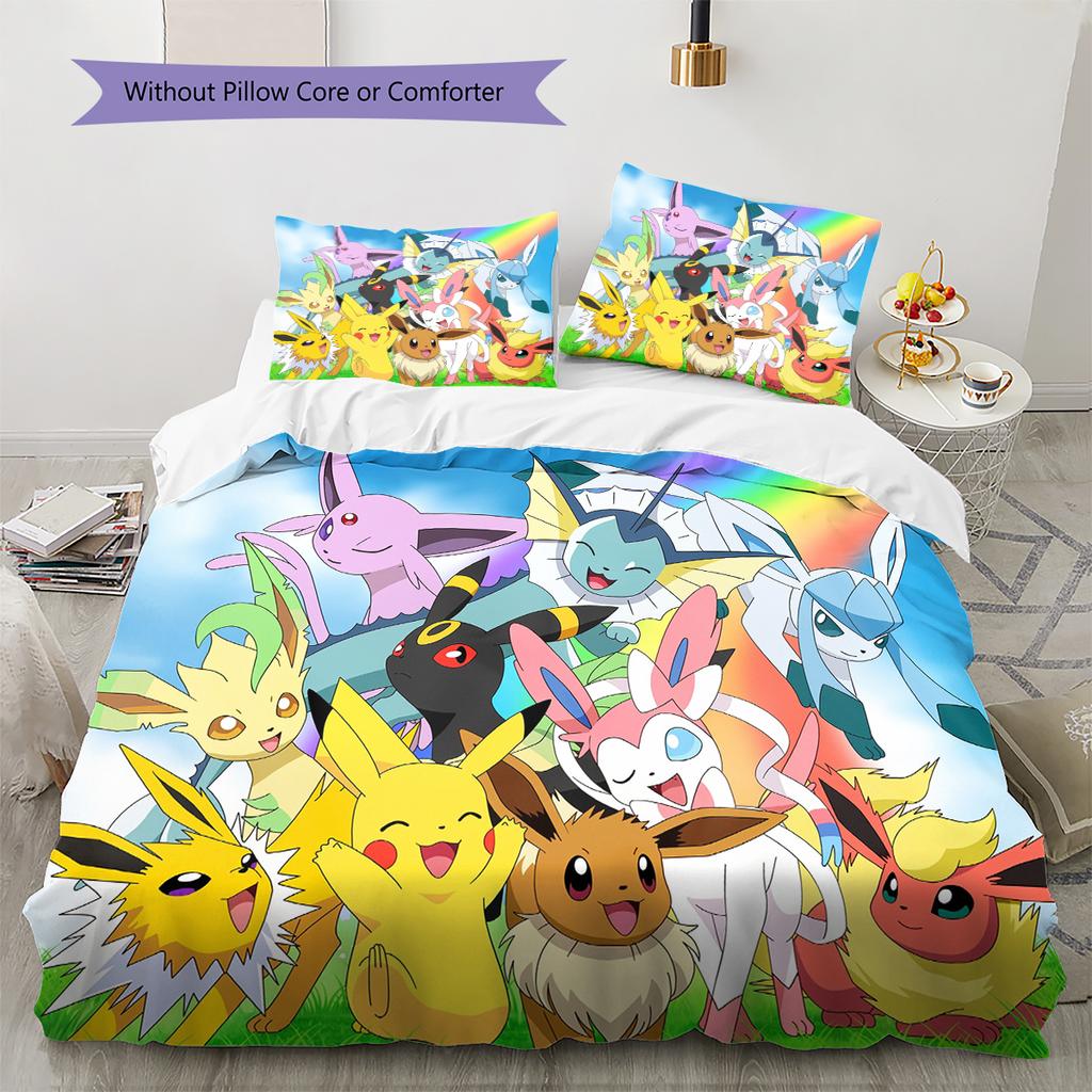 Pościel z Wzorem Pokémonów Dekoracja Domu Prezent Urodzinowy (1 * poszwa na kołdrę + 2 * poszewki na poduszki, bez rdzenia)