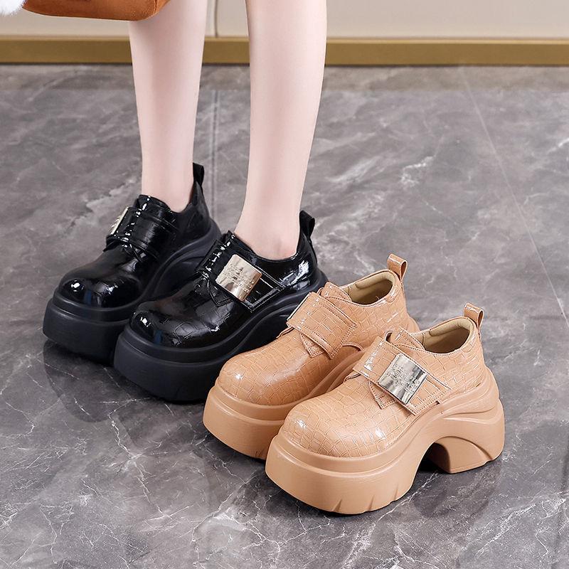Thick-soled Muffin Small Leather Shoes Women's Autumn New Small Inner Height Increase Velcro Comfortable Single Shoes