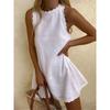 Women Round Neck Scallop Trim Sleeveless Mini Dress
