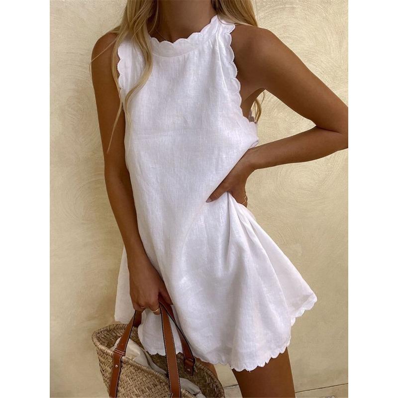 Women Round Neck Scallop Trim Sleeveless Mini Dress S белый