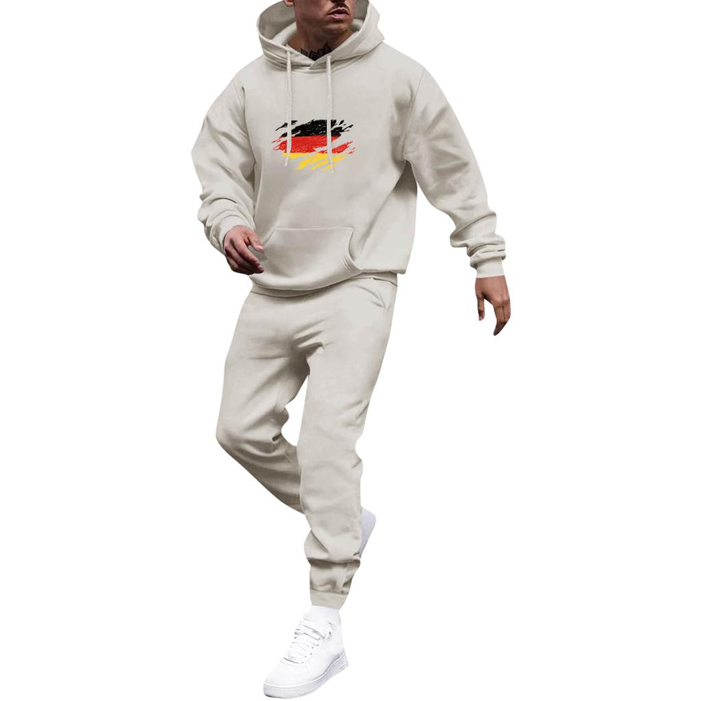 Men's Solid Color Flag Print Hooded Universal Versatile Hooded Sweatshirt Sweatpants Casual Sports Suit