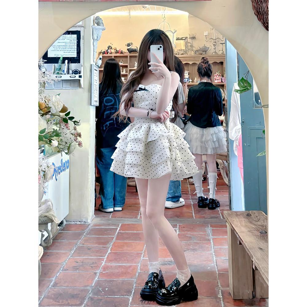 Sweet polka dot dress for women, small summer waist tutu dress on the run princess cake skirt