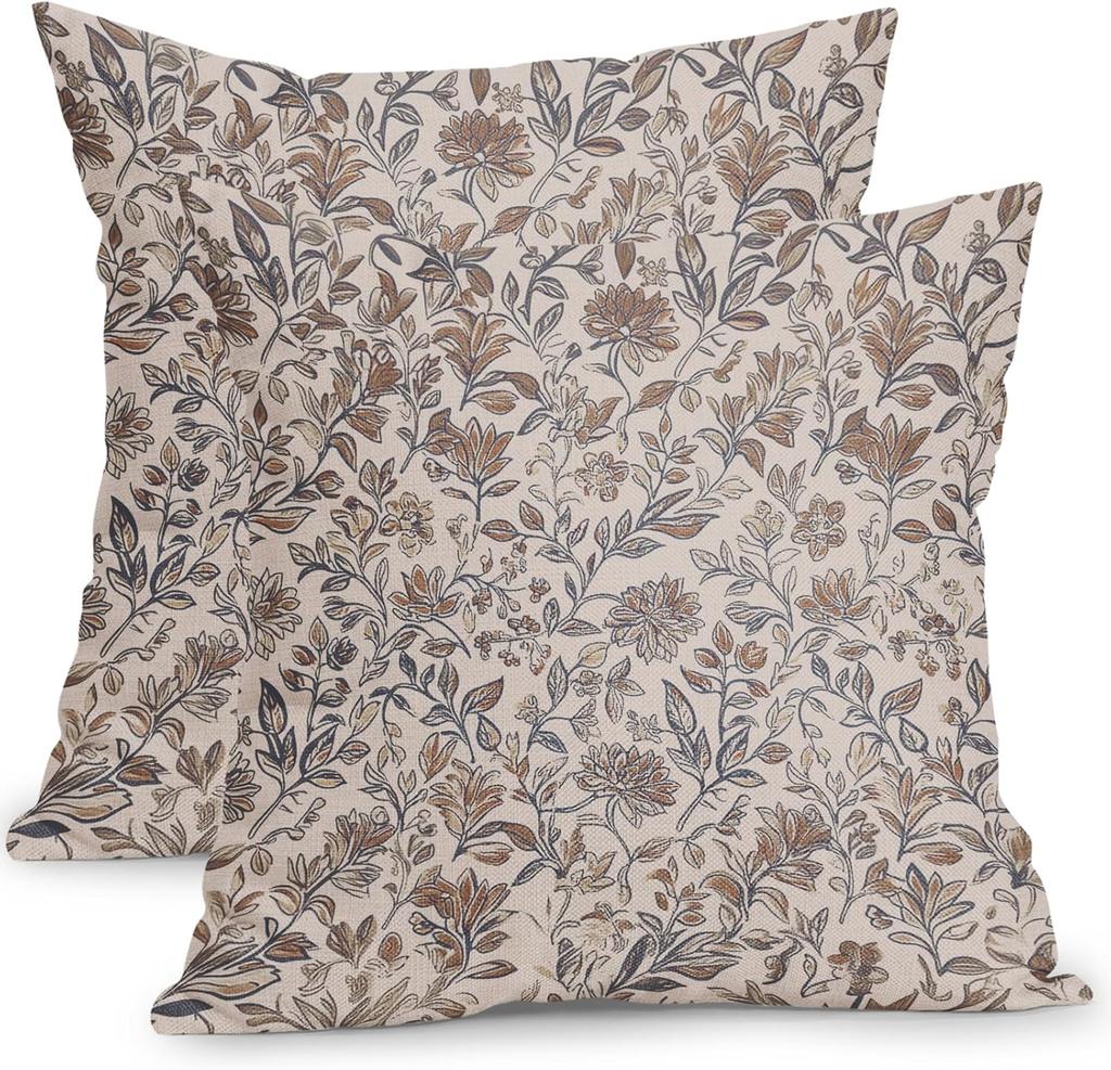 Vintage Flower Pillow Case 20x 20 Inch 2 Piece Set Brown Neutral Style Traditional Square Cushion Cover