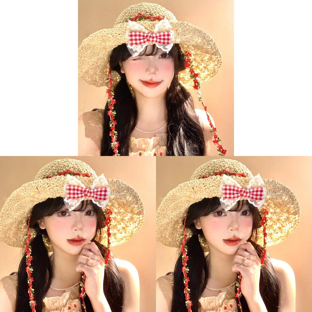 Handmade Straw Sun Hat With Extended Brim And Ribbon Tie For Outdoor Sunshade