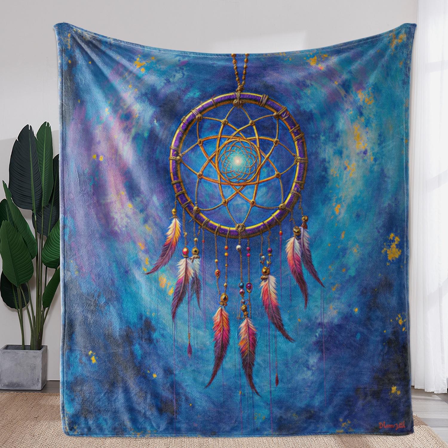 1pc Sdoo Bohemian Dreamcatcher Flannel Blanket - Deep Blue & Golden Tribal Print Pattern, Soft All-Season Throw for Couch, Bed, 75x90cm