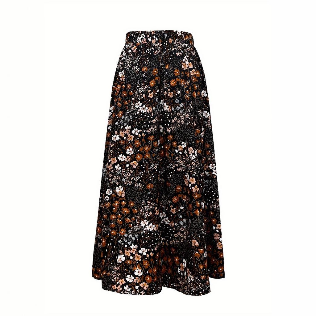 women's dark base ditsy floral elastic high waist flowy a line maxi skirt summer casual long swing bottom