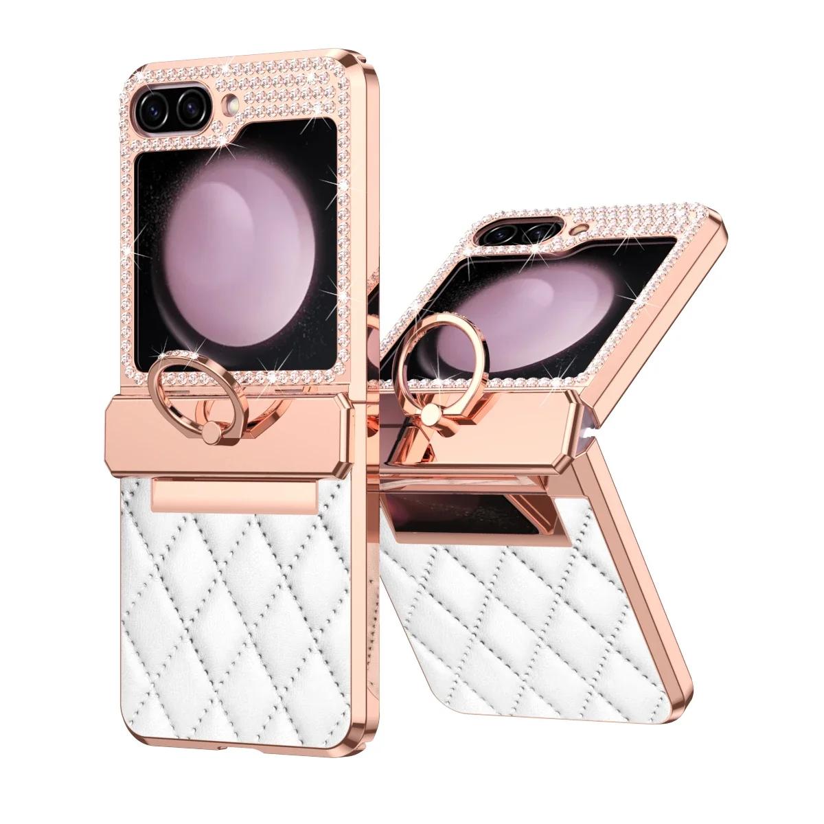 

Diamonds Leather Plating Ring Holder Case for Samsung Galaxy Z Flip 6 5 3 4 5G Shockproof Hinge Protection Cover for Z Flip5 For Galaxy Z Flip5 білий