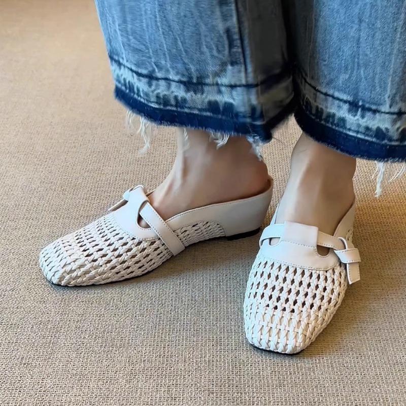Fashion Weave Casual Mules Shoes Woman Summer Square Toe Slippers Women Flat Sandals 2025 Trend Comfort Slides Soft Leather Sandalias