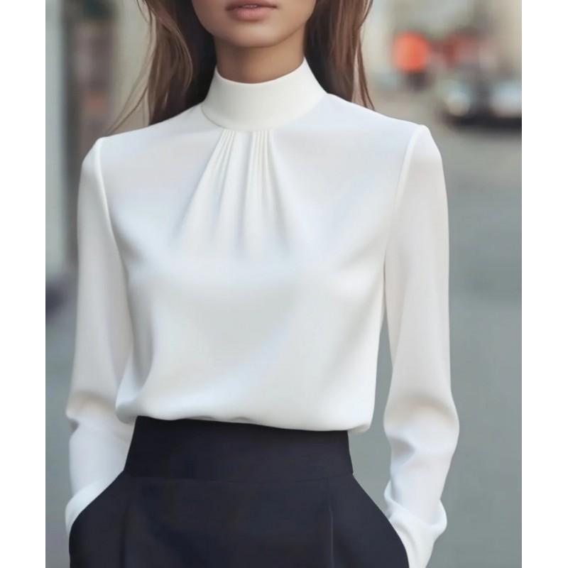 Elegant Solid Color Long Sleeve Blouse Women Soft Satin Shirt Stand Collar Office Wear