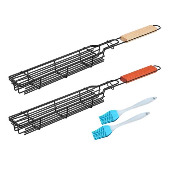 Yousheng 2Pcs BBQ Rack with Brushes Ergonomic Wooden Handle Spacious Design High Temperature Resistant Grill Basket Barbecue Tool Set