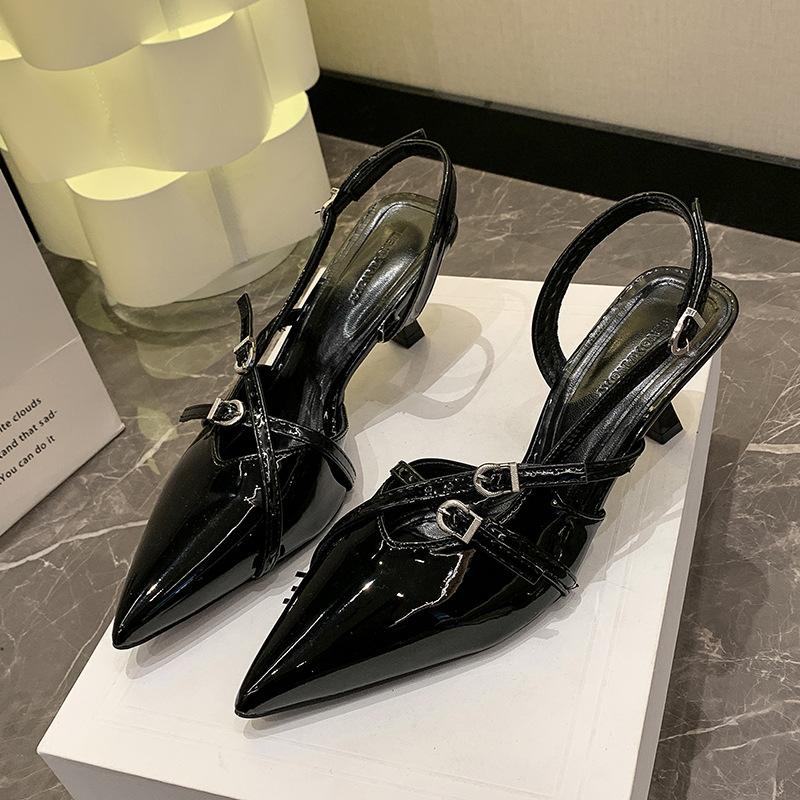 Black sexy word with bag head sandals women's 2024 summer new kitten heel buckle pointed high heel cool slippers