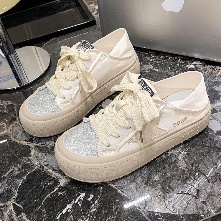 Leather thick-soled stars two wear casual little white shoes women's 2025 new satin-faced lazy people step on heel shoes soft-soled shoes