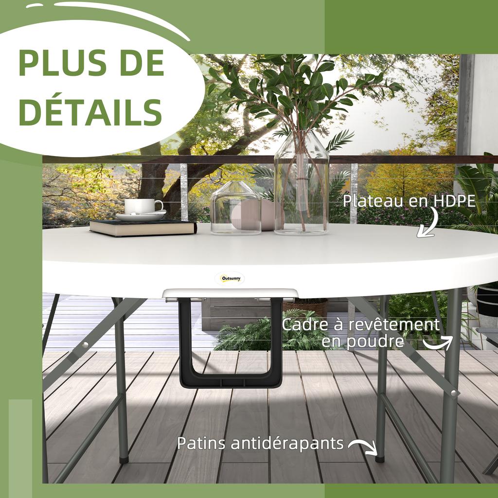 Folding Garden Table, diameter 122 cm Round HDPE Outdoor Picnic Table for 6, Metal Frame for Patio, Park, White