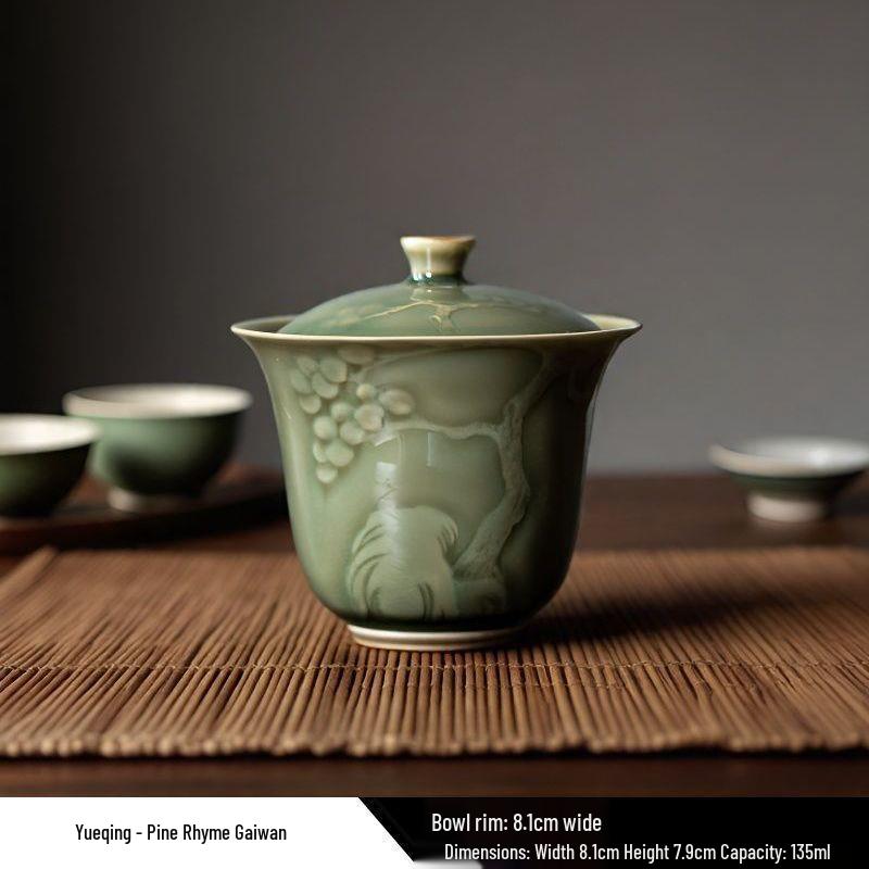 Celadon Ruyi Tea Set: Embossed Gaiwan, Teapot, Cup, Can, and Ornament