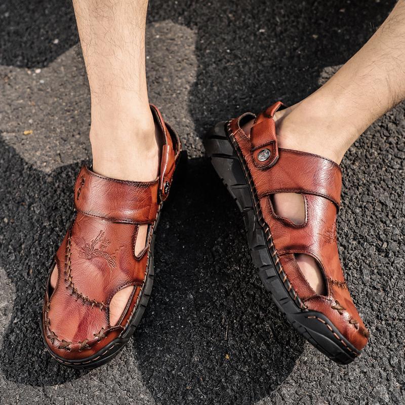 Sandals Shoes Men's Genuine Leather Summer Anti-slip Breathable Hollow Outdoor Sports Beach Shoes Casual Sandals