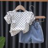 Children's Suit Girl Ruffled Short Sleeve Denim Cotton Shorts