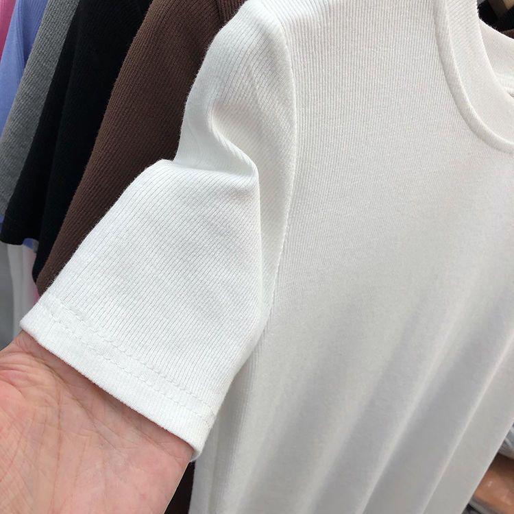 2023 Summer Women's Slim Fit Solid Color Round Neck Short Sleeve T-Shirt - Korean Style