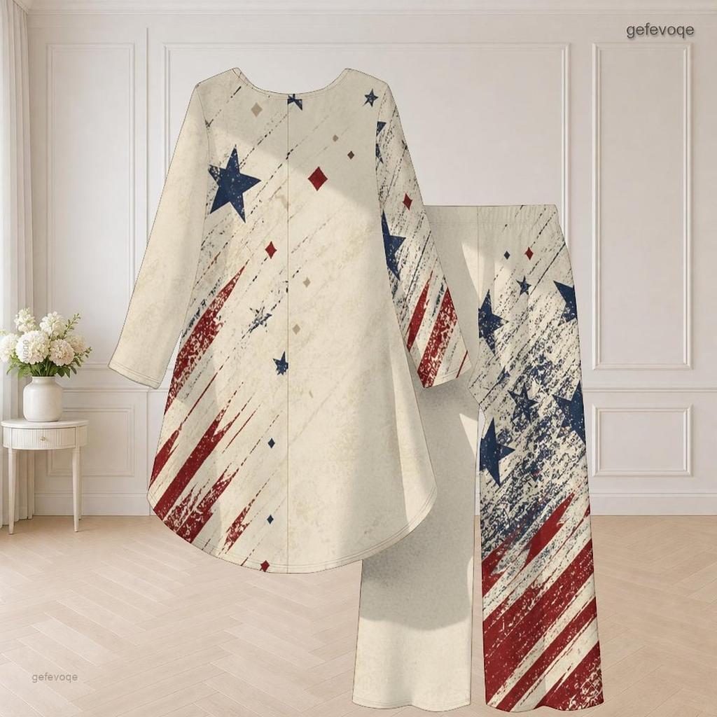 Women Plus Size Red Blue White Star Printed Round Neck Long Sleeve High Low Top Wide Leg Pants Two Piece Set