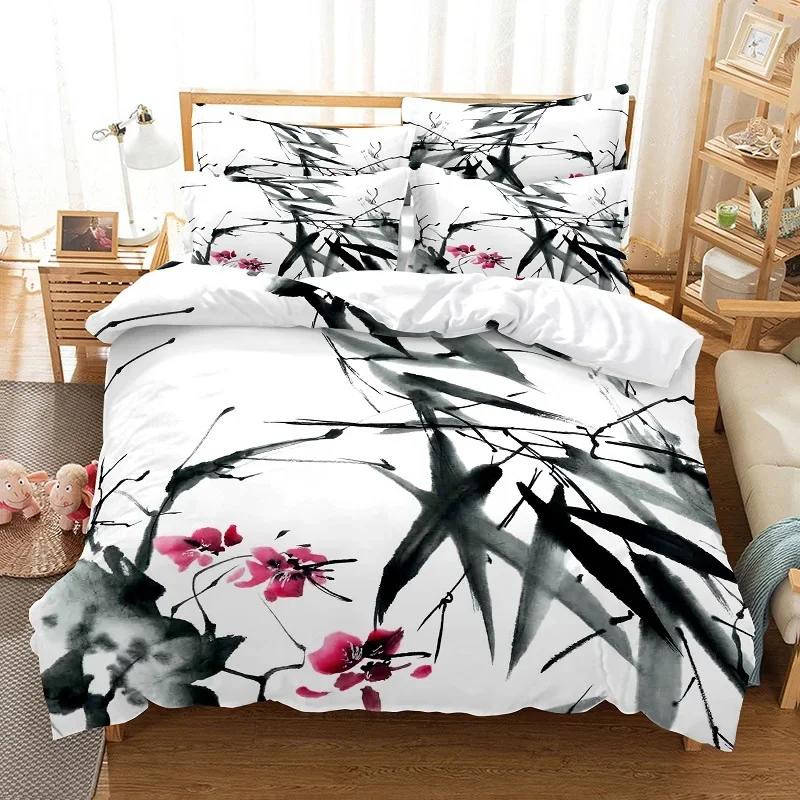 Comforter Ink Painting King Queen Chinese Landscape Painting Bedding Set Adults Idyllic Scenery Mountain Polyester