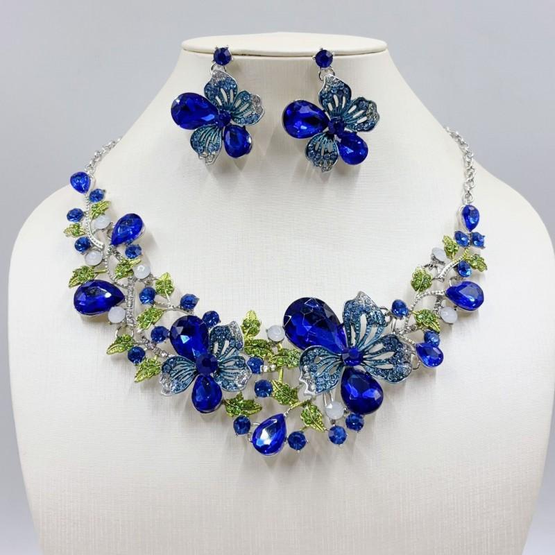Sparkling Colorful Crystal Gemstone Necklace Earring Set Women Wedding Party Stage Accessory Floral Fashion Jewelry