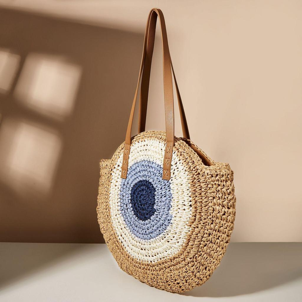 Yogodlns Farbakzent Stroh Umhängetaschen Damen Lässige Sommer Henkeltaschen Große Shopping-Tasche