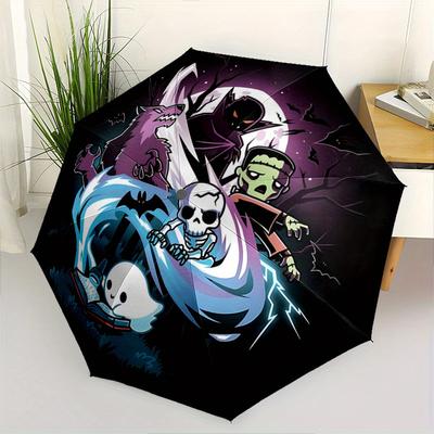 1pc Halloween Horror Friends Automatic Opening Umbrella - Portable 3-Fold Design, 8 Ribs Outdoor Umbrella, Festival Gift for Fans, Travelers, Dai
