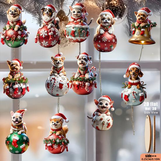 12 Pcs Wooden Christmas Ornaments Cartoon Cat/Dog On The Ball Christmas Hanging Decorations for Xmas Tree Car Window Decor