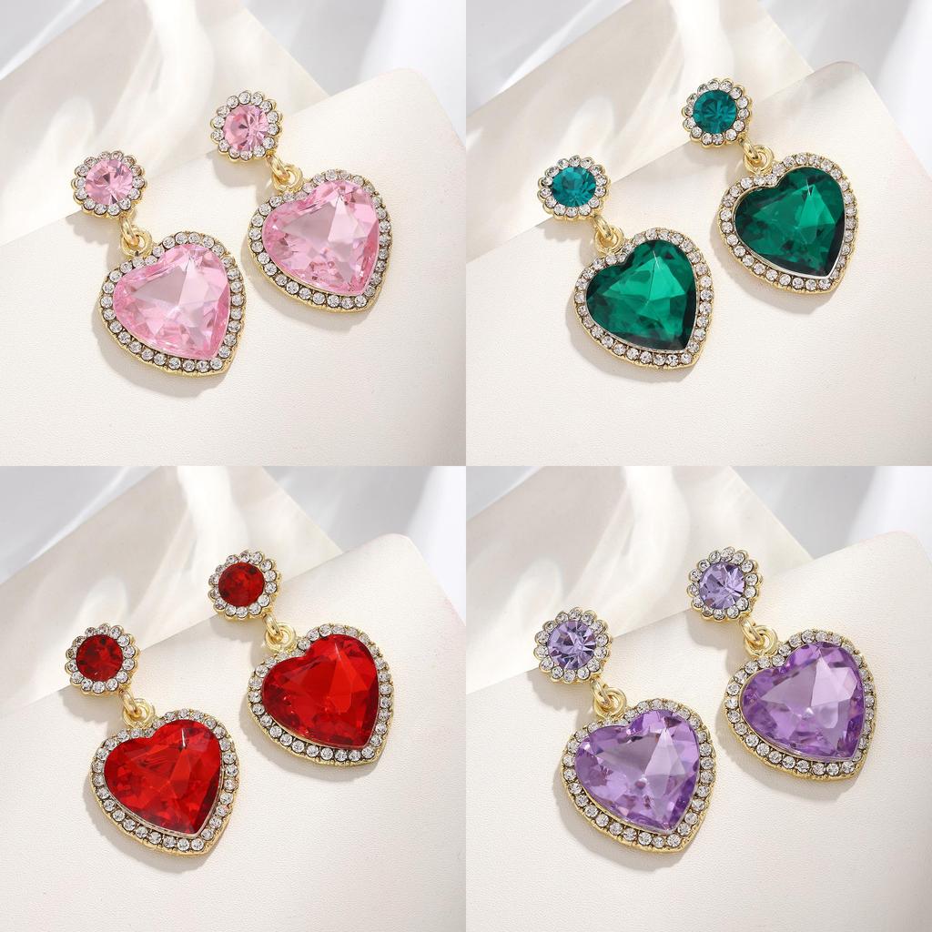 Heart Shape Alloy Earrings With Colorful Crystals For Women Spring Fashion