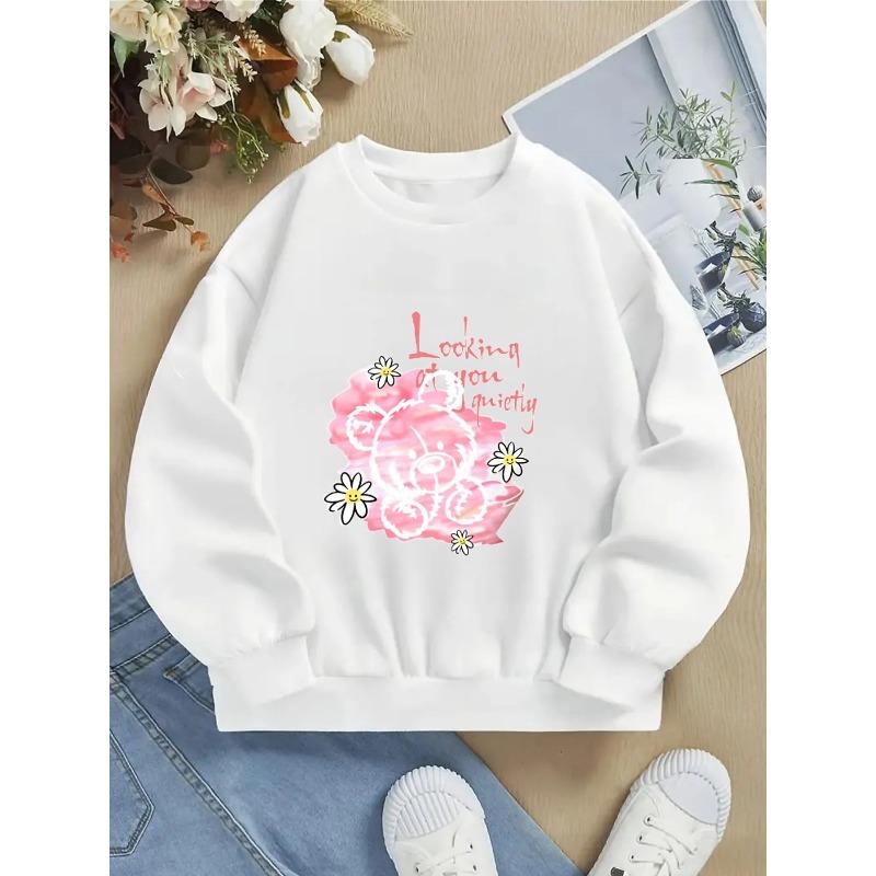 Kids Crewneck Sweatshirt, Pink Bear with Daisies & Letter PrintSpring Autumn Casual Sport Tops