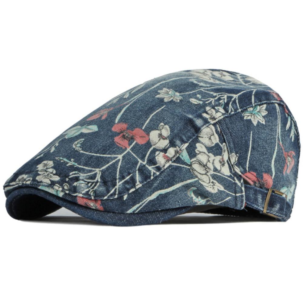 

HT4641 Beret Cap Spring Summer Denim Hat Men Women Cap Floral Artist Painter Beret Hat Adjustable Ivy Flat Cap Male Female Beret 55-60cm Adjustable темно-синього кольору