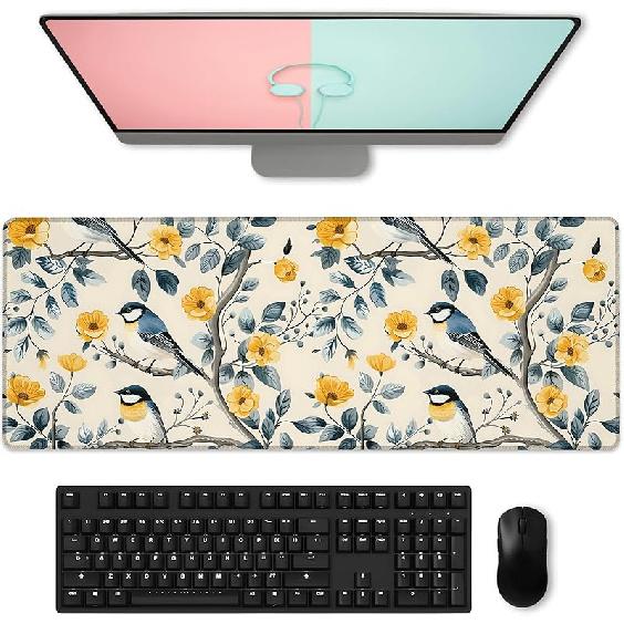 Floral & Butterfly Gaming Mouse Pad, Large Soft Purple Flower Desk Mat for Keyboard Computer Laptop, Non-Slip Rubber Base Extended Desktop Mousepad