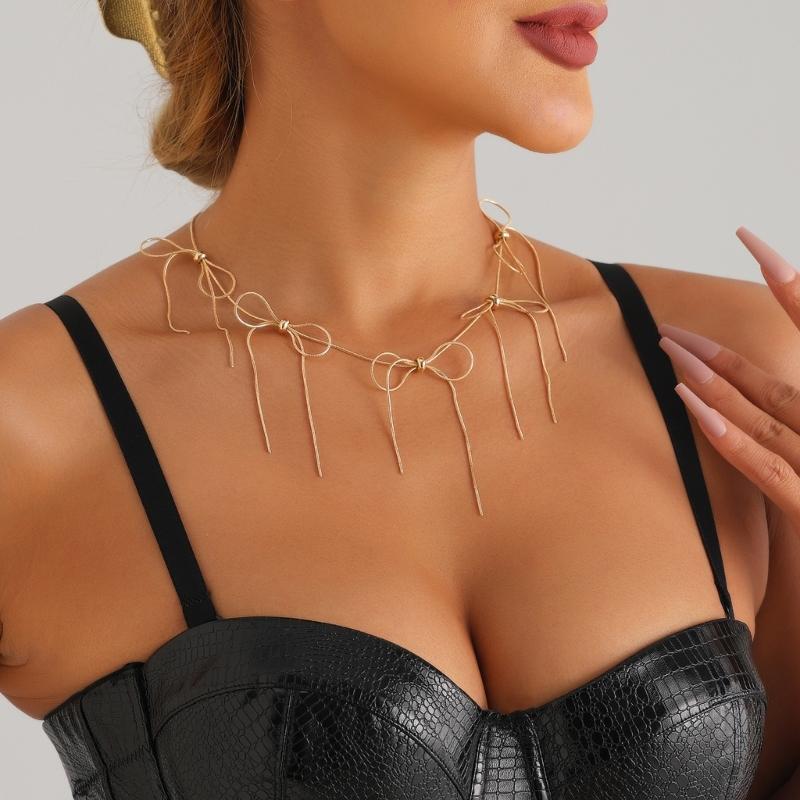 Delicate Tassels Bowknot Necklace for Women Snake Chain Sweater Choker Temperament Clavicle Chain Handmade Jewelry Gift