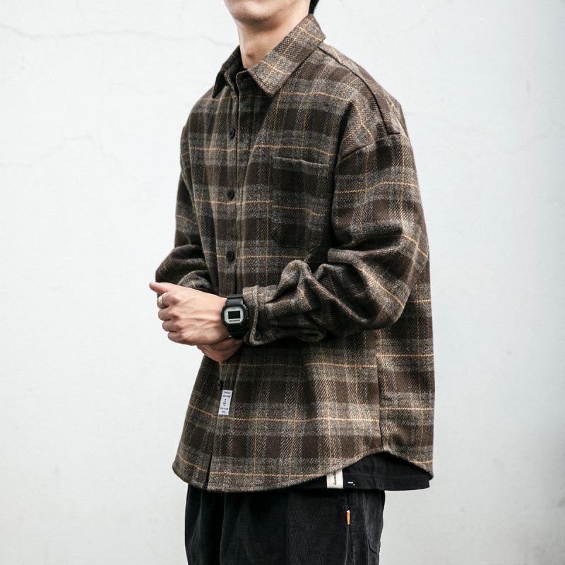 Camisa Exterior Casual de Manga Larga de Cuadros Gruesos Vintage para Hombre Ropa de Trabajo Holgada