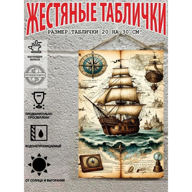 Vintage Sailing Ship Nautical Map Metal Wall Art Decor 20x30cm