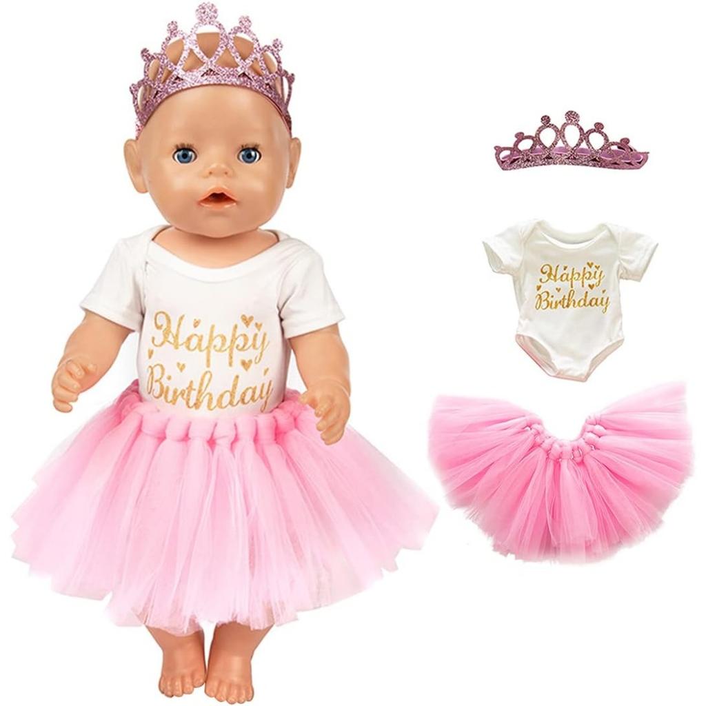 Set of 3 Birthday Doll Pink Clothing Accessories Including Skirt Romper Headband for 43cm / 17Inch Newborn Baby Doll (No Doll)