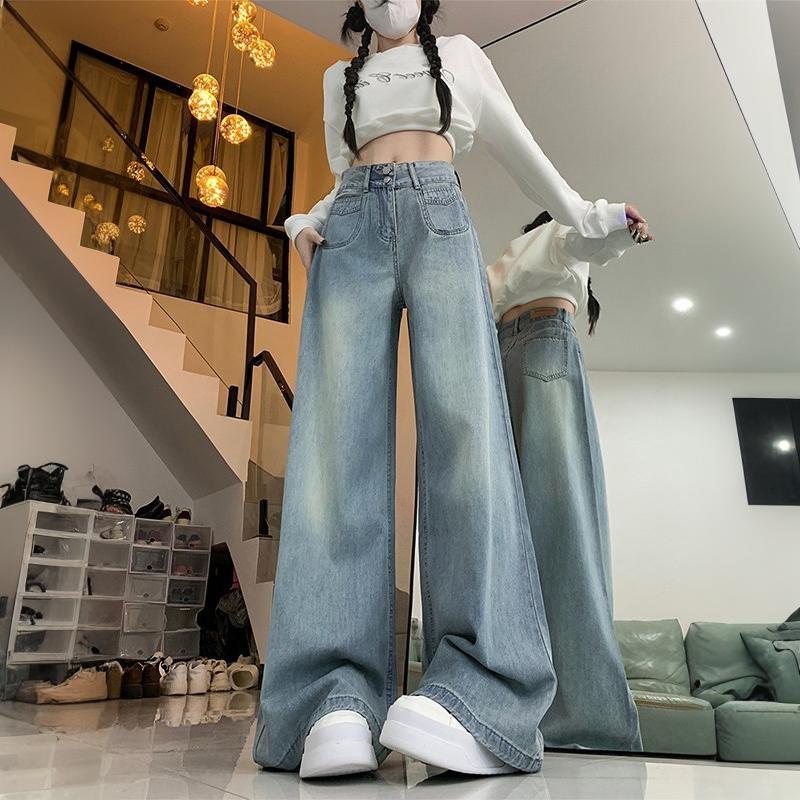 New light blue double-button wide-leg jeans women's loose straight high-waisted drape and thin floor pants