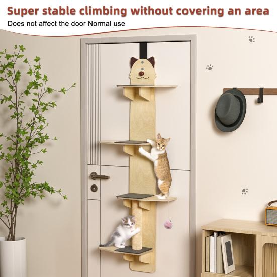 Scaffale ad Albero Verticale per Gatti da Appendere alla Porta, 4 Livelli, Mensole Multistrato con Tiragraffi, Cuscinetti, Pallina Giocattolo, Sopra